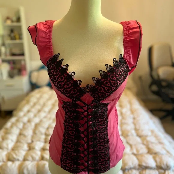 Vintage Y2K Sexy Pink Blouse with Black Lace - Picture 4 of 4